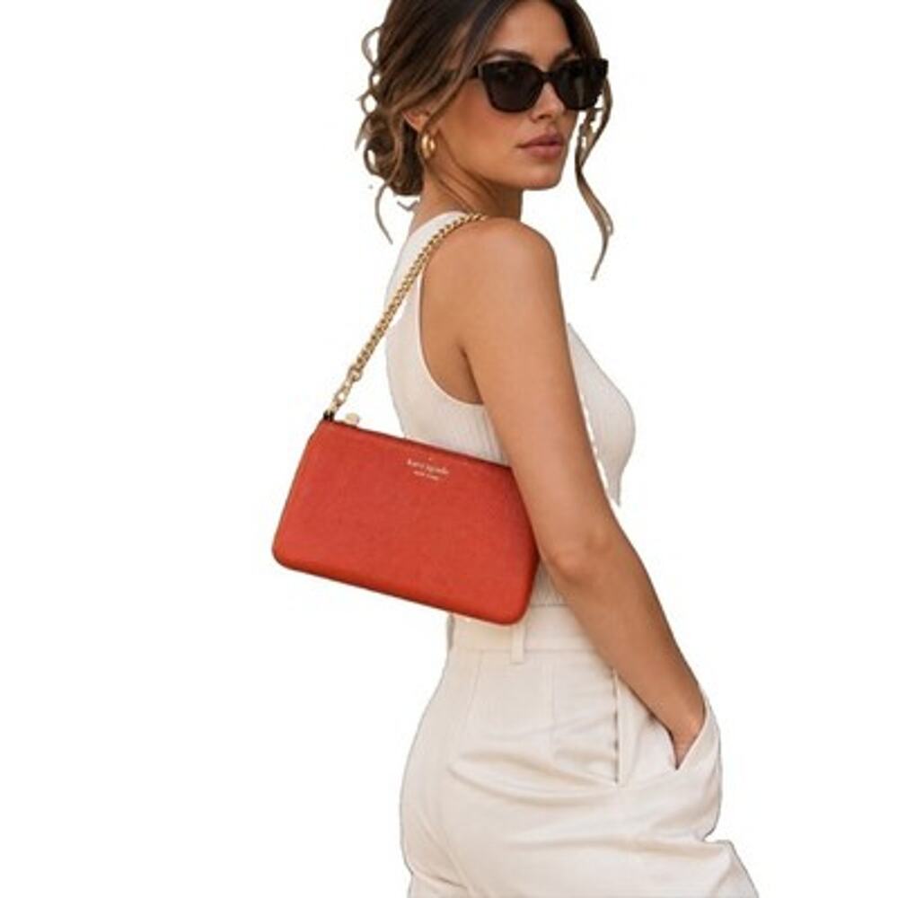 Kate Spade Taylor Wristlet Purse Orange Pebbled Leather Gold Chain Clutch Bag